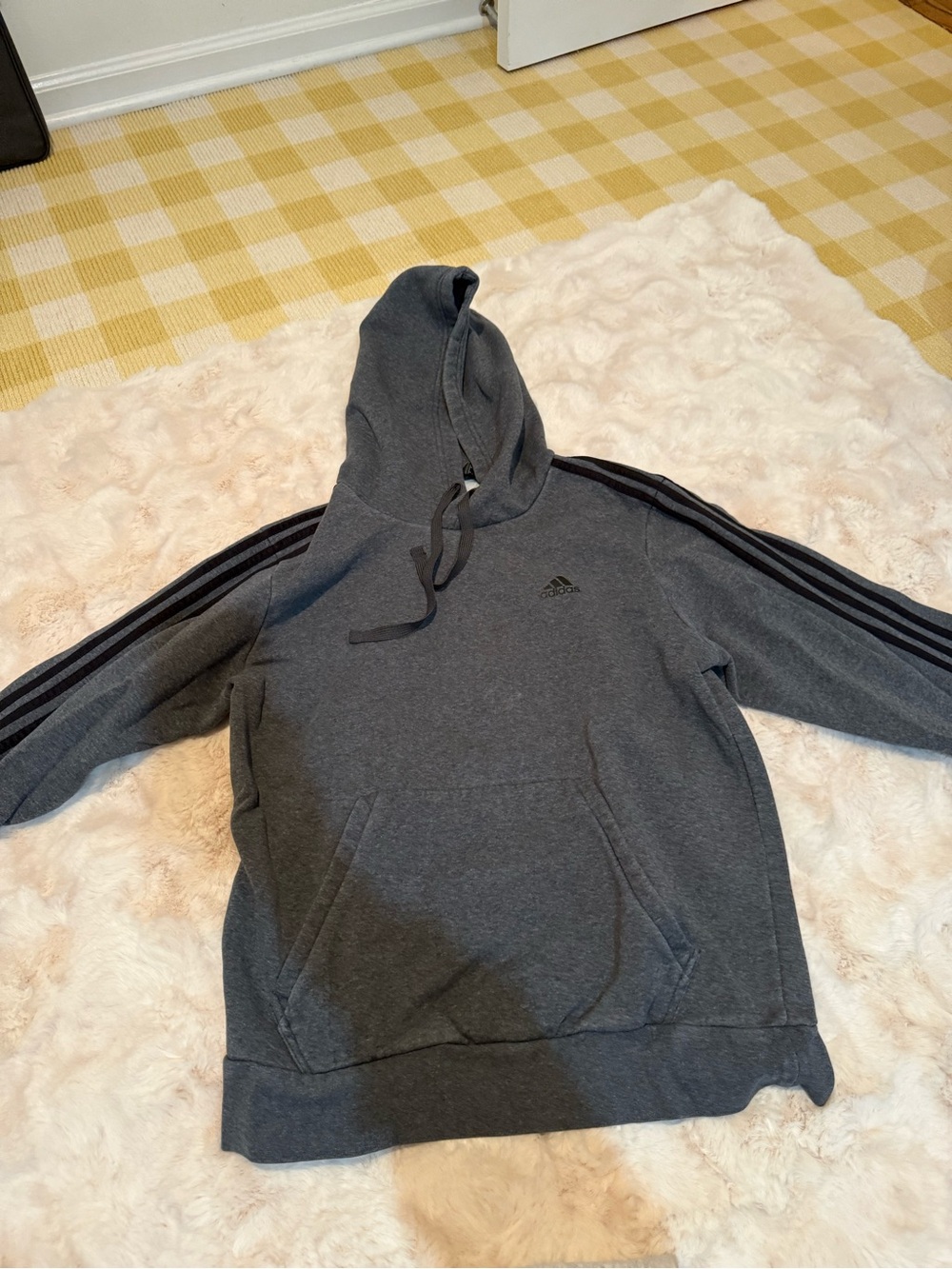 adidas Charcoal Gray Pullover Hoodie with Black Stripes